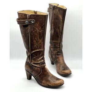 U ROADS Heeled Boots Womens 8 Brown Distressed Leather Knee High Round Toe